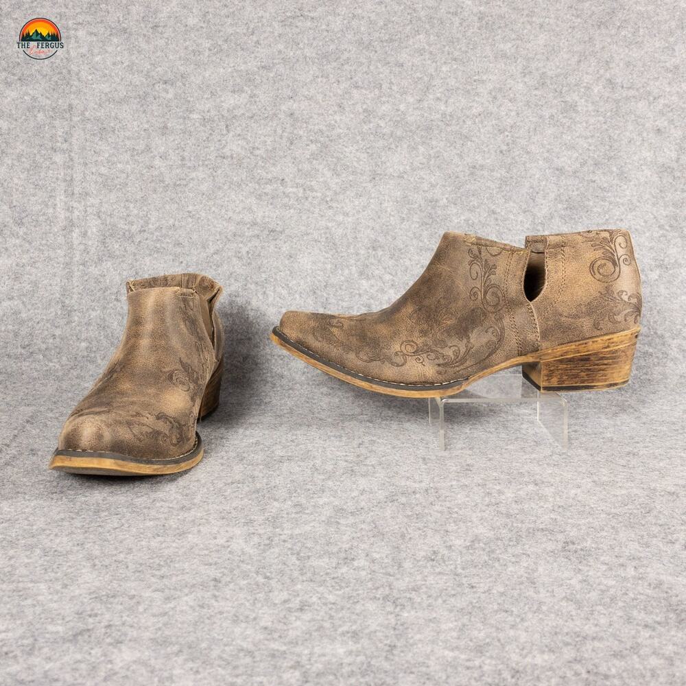 Roper Ava Fashion Ankle Booties Brown Snip Toe Pull-On Western Women's Size 9.5